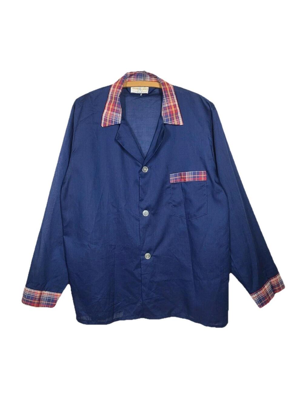 Vtg 60s Johnny Carson Pajama Top Shirt Men’s M  Navy Blue Primary Plaid Collar